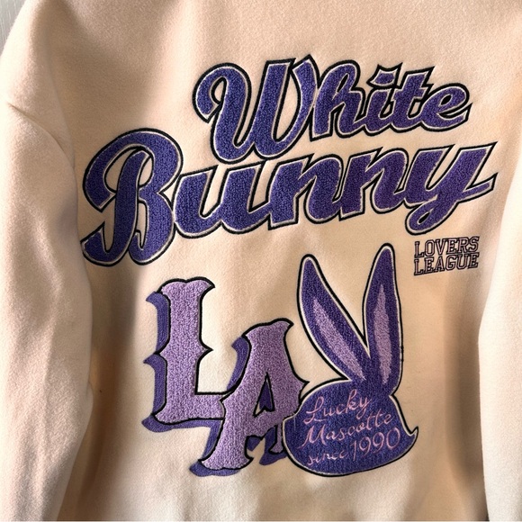 Alcott Women’s White Bunny Purple Patches Bomber Varsity Jacket Size Small Lined - Picture 10 of 12